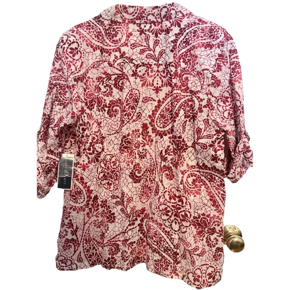 Women's NWT Karen Scott Red & White Short Sleeve Button Up Top XL/ Petite - Picture 3 of 3